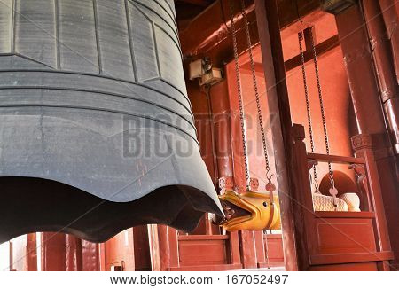 BEIJING, CHINA - NOVEMBER, 2016: The large gong with the serpent head is used to ring the bell at the bell tower.