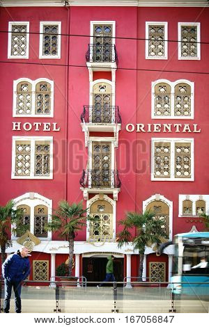 FRANKFURT, GERMANY - JANUARY 05: The orientally decorated facade with palms of the Hotel Oriental on January 05 2017 in Frankfurt.