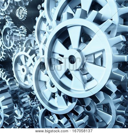 White gears and cogs macro on black background. 3D