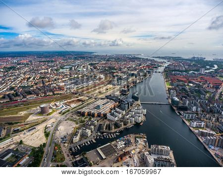 City aerial view over Copenhagen, The Denmark. View from the bird's flight