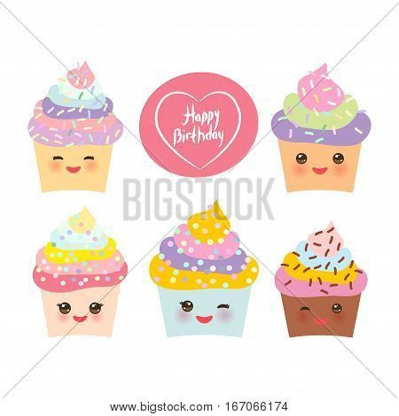 Happy Birthday Card design with Cupcake Kawaii funny muzzle with pink cheeks and winking eyes pastel colors on white background. Vector illustration