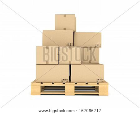 3d rendering of several carton boxes stacked evenly on a double-decked pallet on white background. Packaging and delivery. Cargo services. Loading goods.