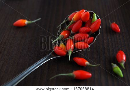 fresh healthy goji berries in front of a brown wooden background