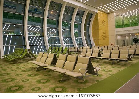 ASHGABAT, TURKMENISTAN - DECEMBER 10, 2016: Interior of the waiting room of a new international terminal 