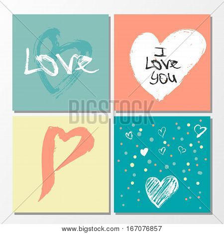 Vector Collection Of 4 Cute Valentines Card Templates. Hand Drawn Elements By Brush. Happy Valentine