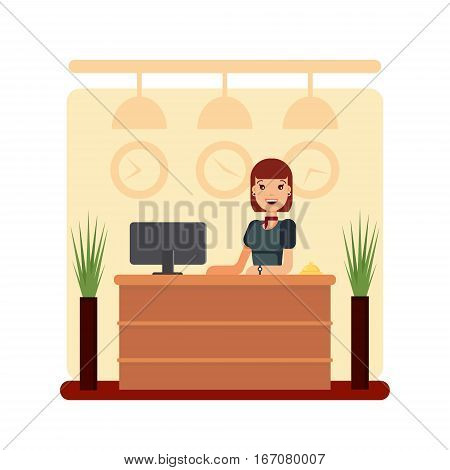 Flat hotel reception desk with young woman receptionist. Girl manager standing, business office concept. Welcome registration stock vector illustration