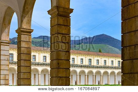 Padula, Italy - April 8, 2011:   The great cloister of the Certosa of San Lorenzo