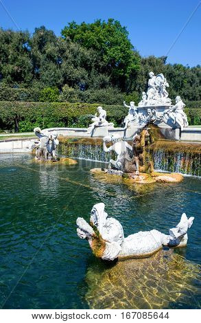Caserta, Italy - March 9,2008:  The marble group of a fountain in the park of the Royal Palace