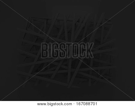 abstract black chaotic birdnest layout background 3d render