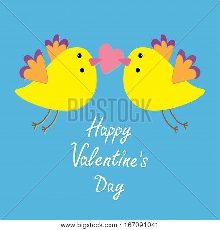 Two flying yellow bird family couple holding pink heart. Happy Valentines Day. Love Greeting card. Cute cartoon character set. Flat design. Blye sky background. Vector illustration