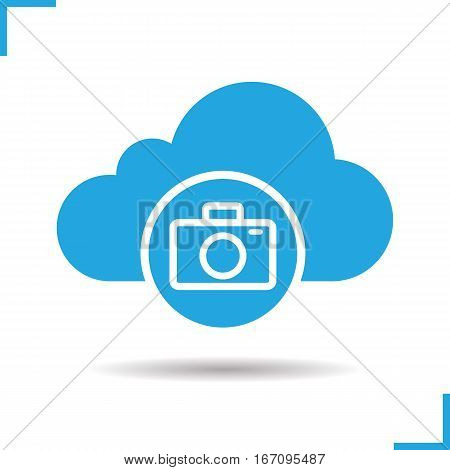 Photo hosting icon. Drop shadow photocamera silhouette symbol. Cloud computing. Negative space. Vector isolated illustration