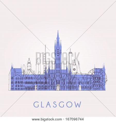 Outline Glasgow skyline with landmarks. Vector illustration. Business travel and tourism concept with historic buildings. Image for presentation banner placard and web site.