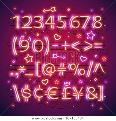 Glowing double neon red numbers and financial symbols makes it quick and easy to customize your Valentines day project. Used neon brushes included. There are fastening elements in a symbol palette.