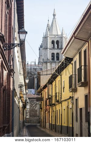 Leon (Castilla y Leon Spain): historic street with the cathedral in background