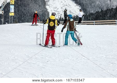Jasna, Slovakia - Jan 20, 2017: Skiers on winter resort Jasna in Slovakia