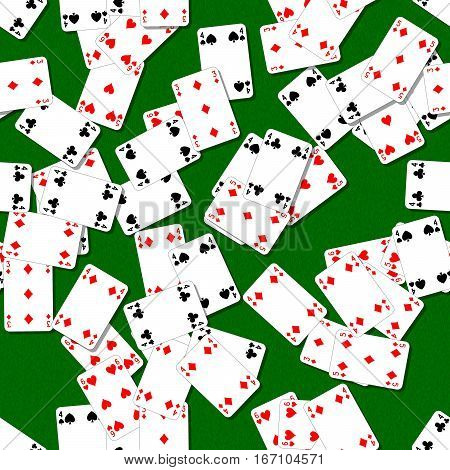 seamless background with playing cards randomly scattered on a green table