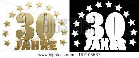 Golden digit thirty and the word of the year decorated with stars. Translated from the German. 3D illustration