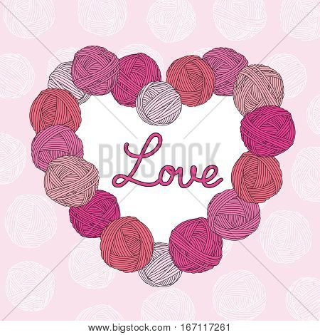 Yarn balls heart. Valentine's Day. Pink background. EPS10