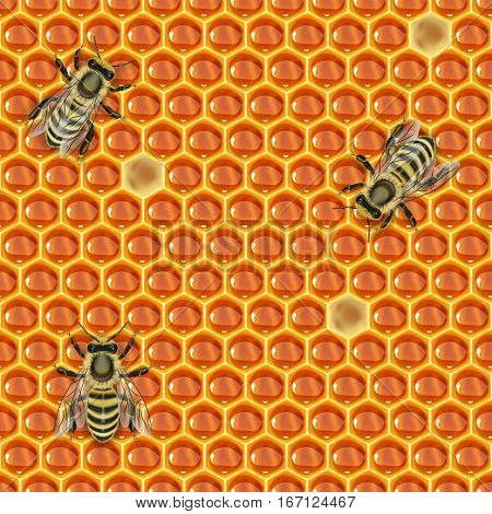 This yummy tileable pattern of orange hexagonal honeycomb and bees 3D illustration can be used for wallpapers, fabric, gift wrapping paper, cards, web design, business cards, promotional banners and so on!