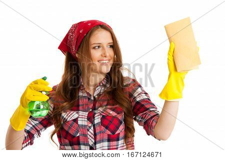 Happy Young Woman Cleaning Windows Isolated Over White Vackground