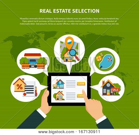 Flat design real estate online selection concept on green background with world map vector illustration