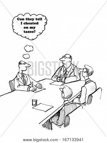 Cartoon about a man meeting with IRS agents and worried they know he has cheated on his taxes.