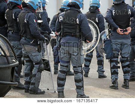 Vicenza, Vi, Italy - January 28, 2017: Italian Police Riot Squad With Body Armor In The City