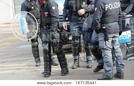Vicenza, Vi, Italy - January 28, 2017: Italian Police Riot Squad With Body Armor In The City