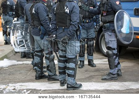 Vicenza, Vi, Italy - January 28, 2017: Italian Police Riot Squad With Body Armor In The City