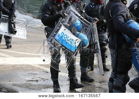 Vicenza, Vi, Italy - January 28, 2017: Armed Escort Of The Italian Police During The Transfer Of Foo