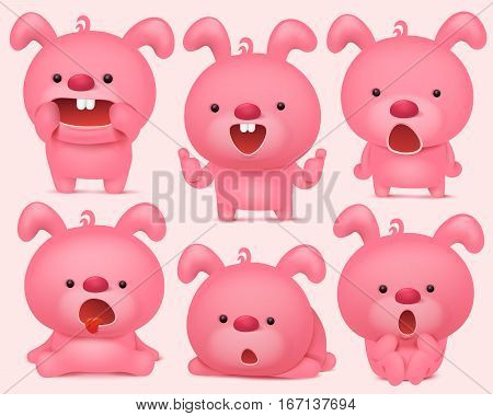 Pink bunny emoji characters set with different emotions. Vector illustration