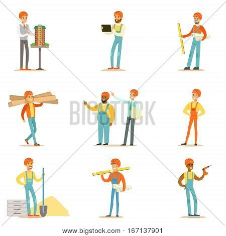 Architects And Construction Workers House Construction Process From Project To Building Series Of Illustrations. Cartoon Male Characters Working In Construction Set, Manual Laborers And Supervisors .