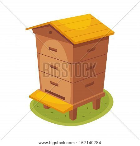 Manmade Wooden Farm Beehive Cartoon Illustration. Cute Colorful Honey Related Vector Sticker Isolated On White Background.