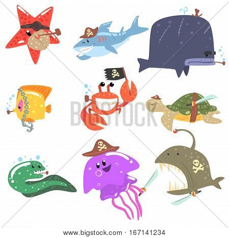 Marine Animals And Underwater Wildlife With Pirate Accessories And Attributes Set Of Comic Cartoon Characters.Funny Vector Illustrations With Aquatic Life With Human Clothing Elements.