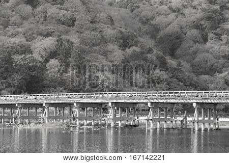 Black and White Togetsukyo bridge with forest background Arashiyama Japan