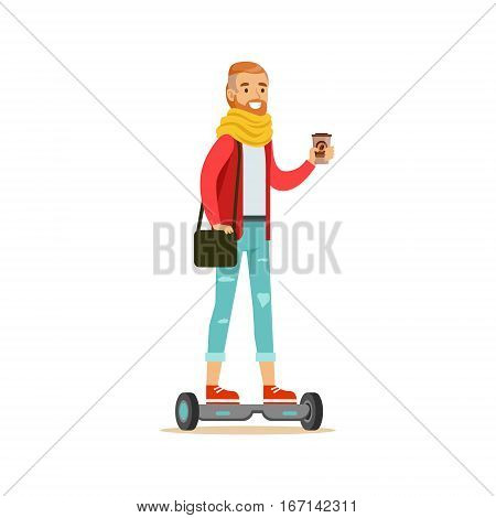 Hipster With Coffee Paper Cup Riding Electric Self-Balancing Battery Powered Personal Electric Scooter Cartoon Character. Happy Person Using Modern Technology Gyro Vehicle Vector Illustration.