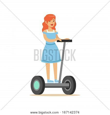 Redhead Girl In Blue Dress Riding Electric Self-Balancing Battery Powered Personal Electric Scooter Cartoon Character. Happy Person Using Modern Technology Gyro Vehicle Vector Illustration.
