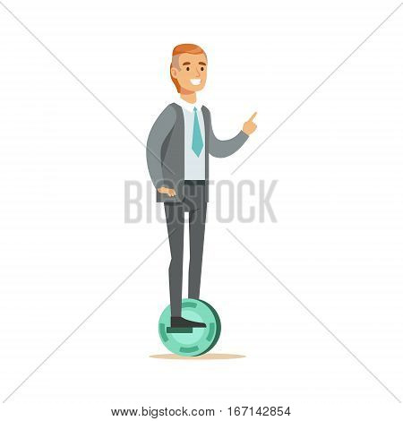 Office Worker In Suit With Tie Riding Electric Self-Balancing Battery Powered Personal Electric Scooter Cartoon Character. Happy Person Using Modern Technology Gyro Vehicle Vector Illustration.