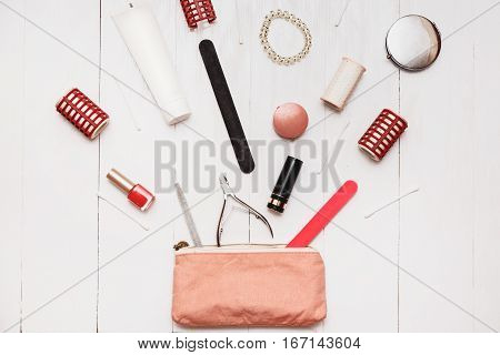 Girl fashionista can put in your small handbag million items. Bottomless female handbag concept.