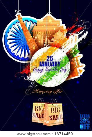 easy to edit vector illustration of Monument and Landmark of India on Indian Republic Day celebration sale background