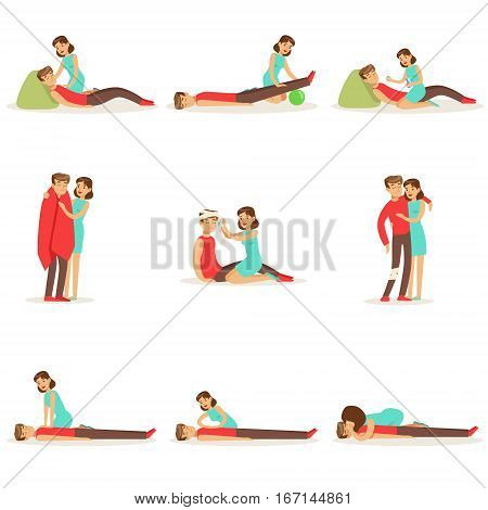 Woman Following Firs Aid Primary And Secondary Emergency Treatment Procedures Series Of Infographic Illustrations. Rescue And Problem Management Situations Set Of Cartoon Drawings.