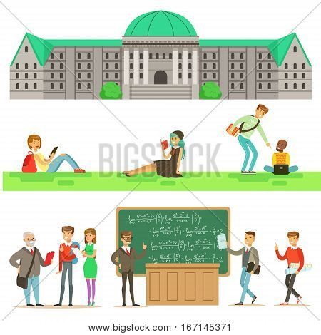 University Education, Students And Professors Set Of Illustrations. Cartoon Characters Studying In School To Get A Degree Vector Simple Drawings.
