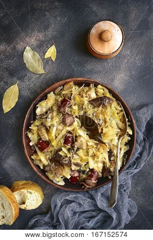 Bigos - Stewed Cabbage With Meat,dried Mushrooms And Smoked Sausage.top View With Space For Text.