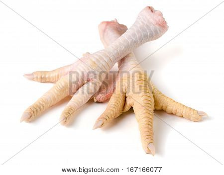 Two chicken feet isolated on white background.