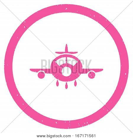 Aircraft grainy textured icon inside circle for overlay watermark stamps. Flat symbol with scratched texture. Circled dotted vector pink ink rubber seal stamp with grunge design on a white background.