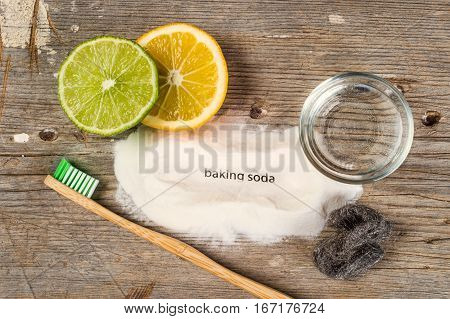 Baking Soda, Water, Lemon, Sponge, Toothbrush And Steel Wool - Bicarbonate De Soude Means Baking Sod