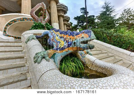Barcelona, Spain - November 29, 2016: Lizard in Park Guell in Barcelona Spain is a public park system composed of gardens and architectonic elements located on Carmel Hill in Barcelona Catalonia (Spain).