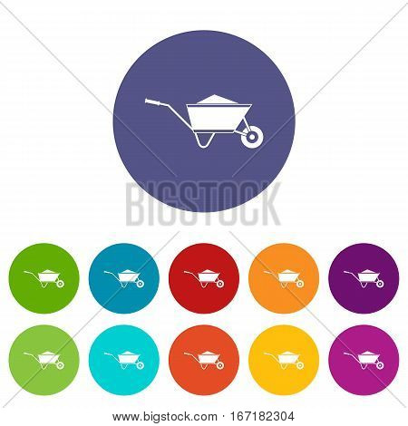 Wheelbarrow with sand set icons in different colors isolated on white background