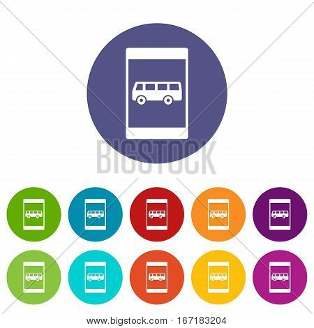 Bus stop sign set icons in different colors isolated on white background
