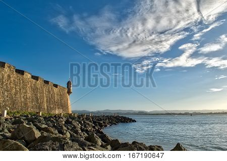 Fortress wall and sentry box in old San Juan Puerto Rico